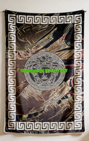 Versace Black White Gold Medusa Greek Key Abstract Print Flannel Sofa Throw Blanket IMG_1319